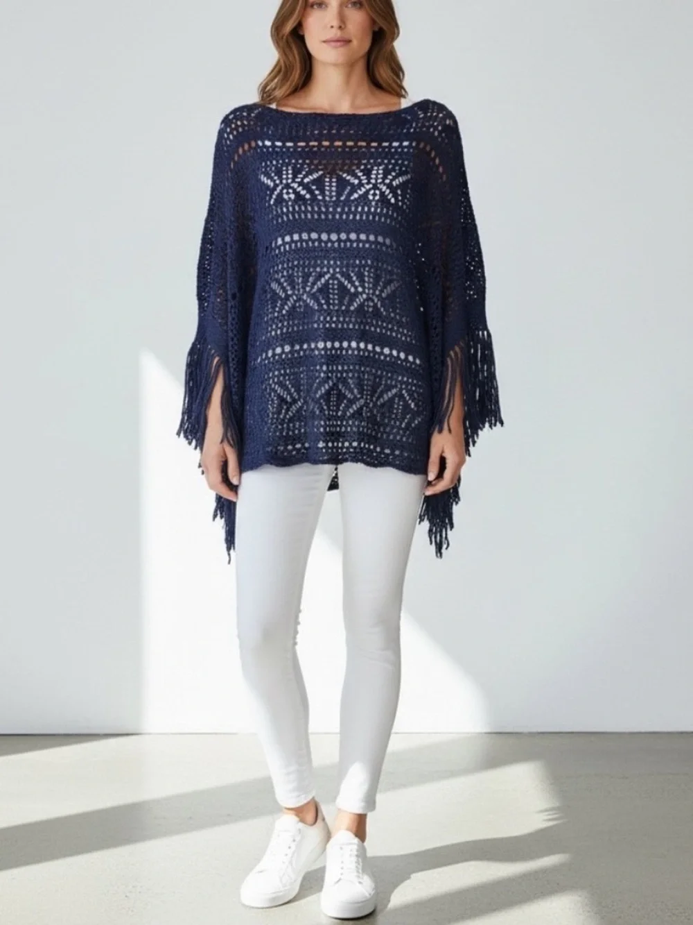 WHBM Fringed Open Weave Tunic in Navy Womens XS Wide Neckline Coastal Cowgirl
